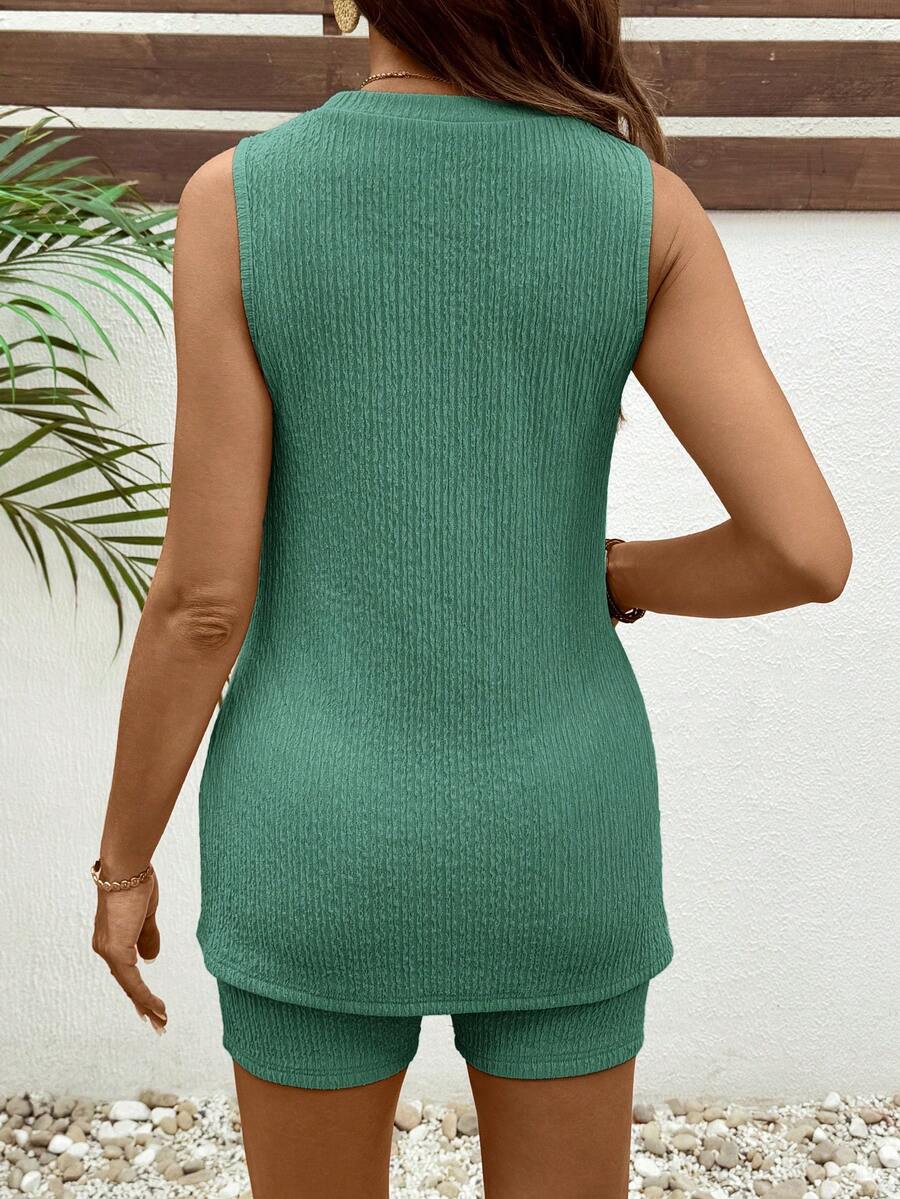 Yellow Textured Maternity Camisole and Biker Shorts Set - Ribbed Summer Vacation 2-Piece Lounge Set with Adjustable Waist