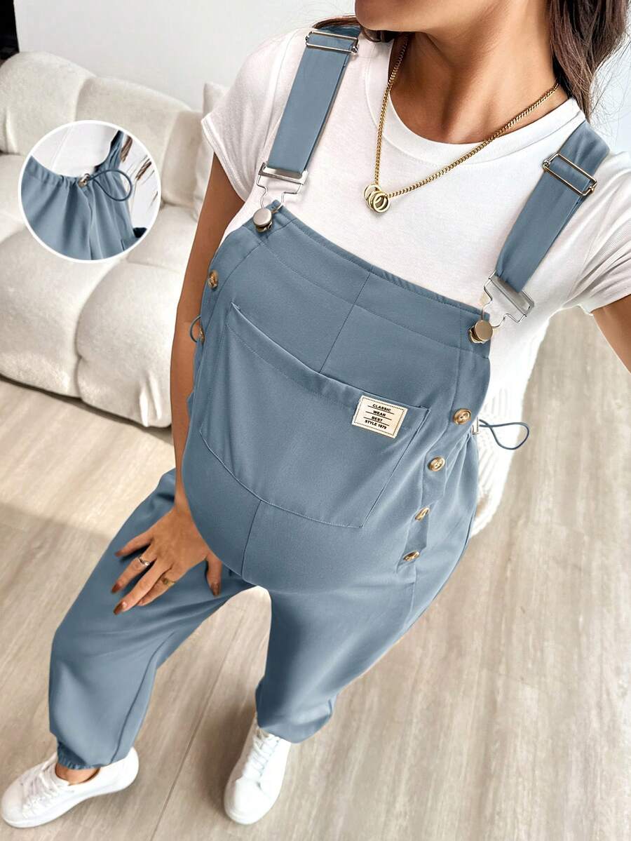 Blue Maternity Patch Pocket Casual Bib Overalls – Loose Fit Sleeveless Solid Color Jumpsuit with Straps and Medium Stretch Woven Fabric
