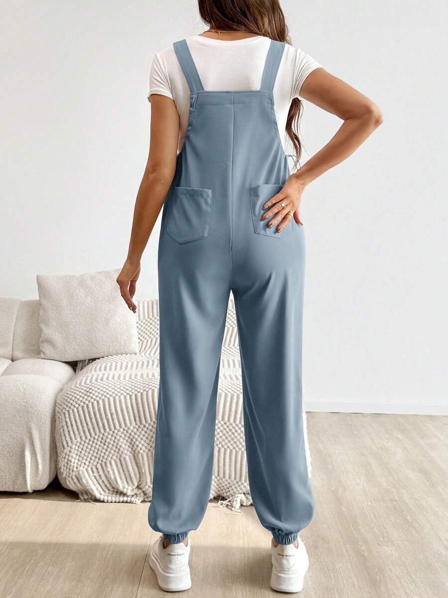 Blue Maternity Patch Pocket Casual Bib Overalls – Loose Fit Sleeveless Solid Color Jumpsuit with Straps and Medium Stretch Woven Fabric