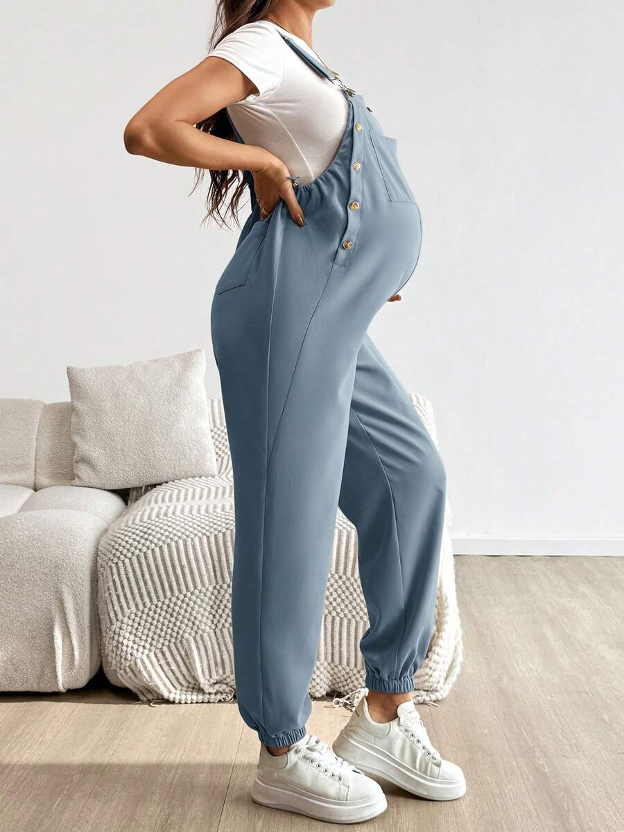 Blue Maternity Patch Pocket Casual Bib Overalls – Loose Fit Sleeveless Solid Color Jumpsuit with Straps and Medium Stretch Woven Fabric