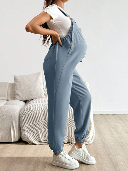 Blue Maternity Patch Pocket Casual Bib Overalls – Loose Fit Sleeveless Solid Color Jumpsuit with Straps and Medium Stretch Woven Fabric