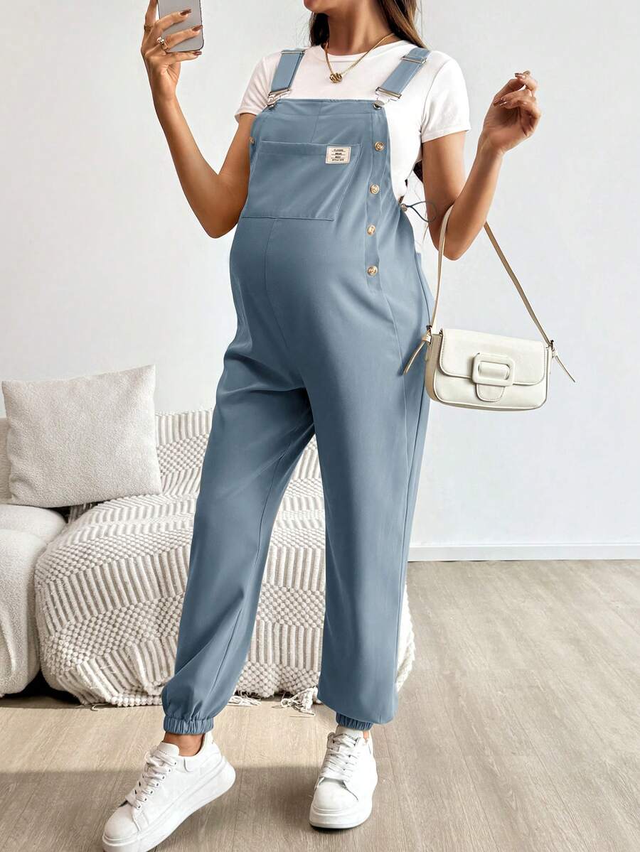 Blue Maternity Patch Pocket Casual Bib Overalls – Loose Fit Sleeveless Solid Color Jumpsuit with Straps and Medium Stretch Woven Fabric