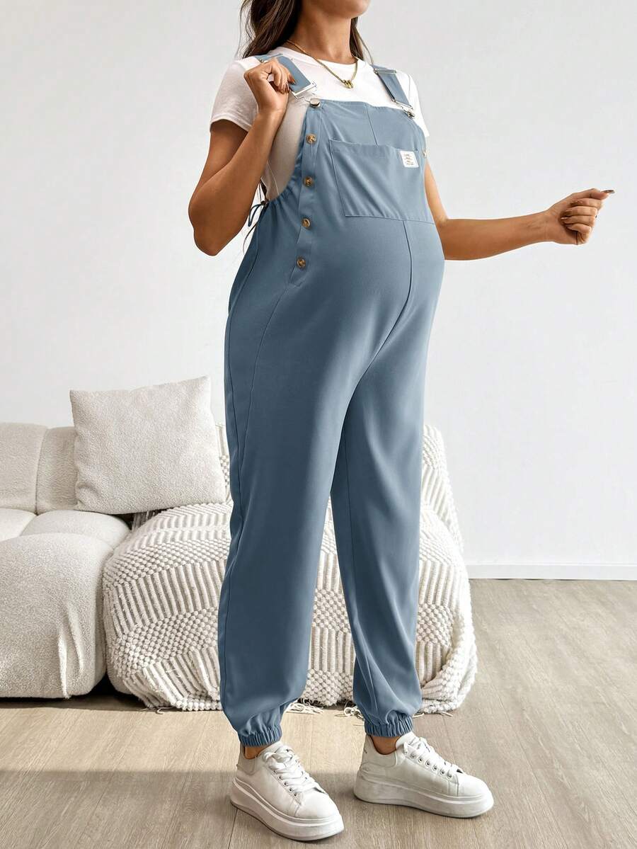 Blue Maternity Patch Pocket Casual Bib Overalls – Loose Fit Sleeveless Solid Color Jumpsuit with Straps and Medium Stretch Woven Fabric