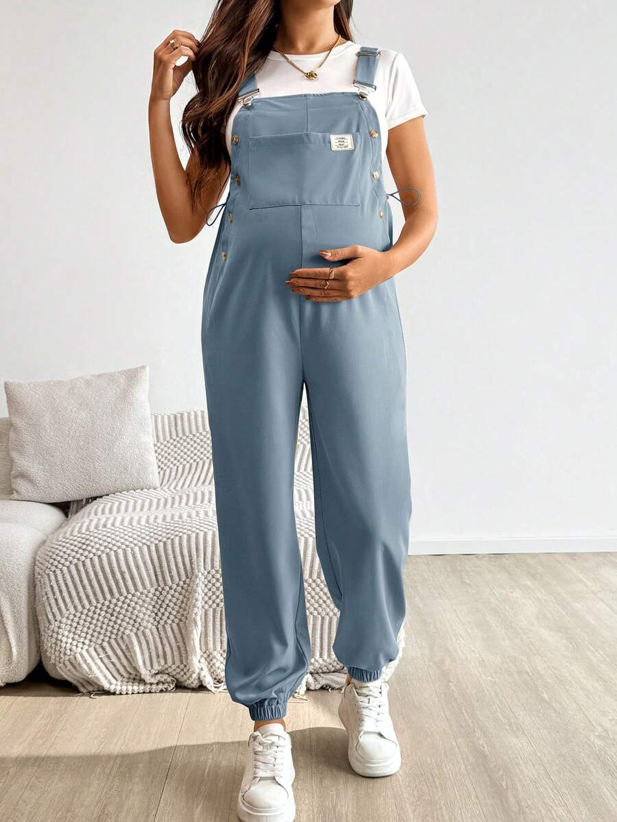 Blue Maternity Patch Pocket Casual Bib Overalls – Loose Fit Sleeveless Solid Color Jumpsuit with Straps and Medium Stretch Woven Fabric
