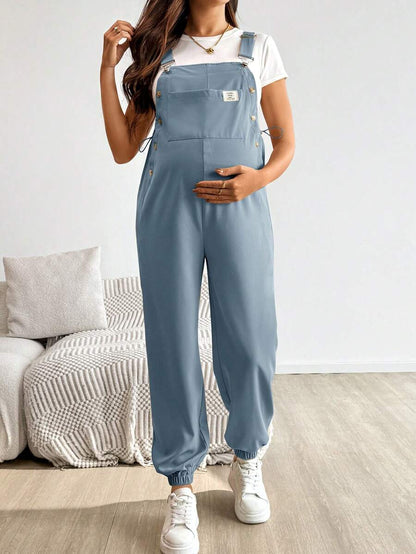 Blue Maternity Patch Pocket Casual Bib Overalls – Loose Fit Sleeveless Solid Color Jumpsuit with Straps and Medium Stretch Woven Fabric