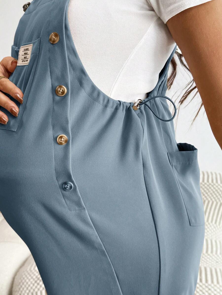 Blue Maternity Patch Pocket Casual Bib Overalls – Loose Fit Sleeveless Solid Color Jumpsuit with Straps and Medium Stretch Woven Fabric