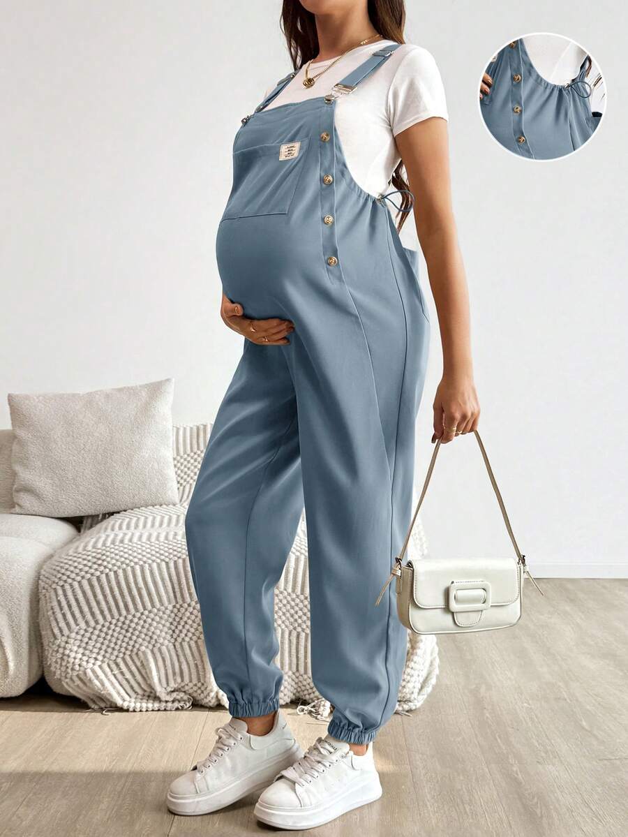 Blue Maternity Patch Pocket Casual Bib Overalls – Loose Fit Sleeveless Solid Color Jumpsuit with Straps and Medium Stretch Woven Fabric