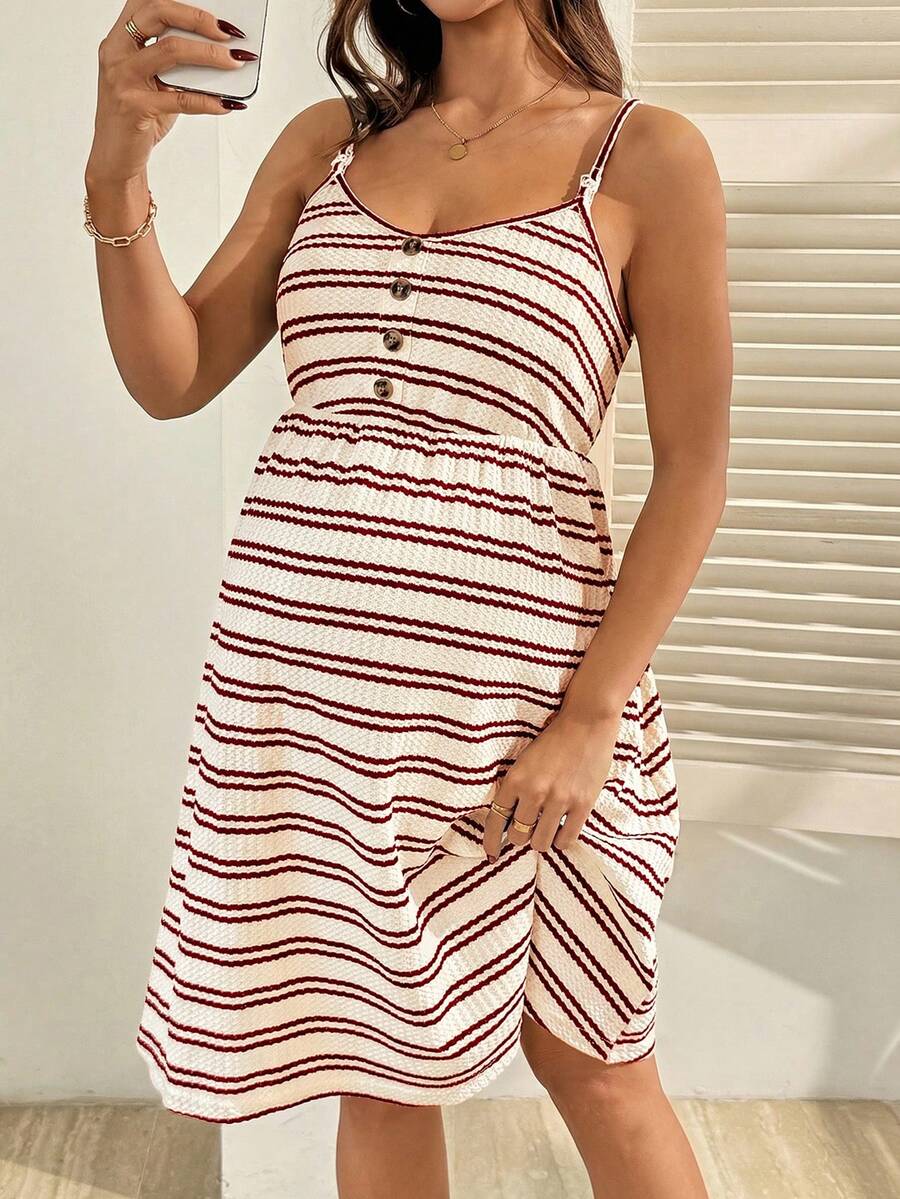 Maternity Striped Nursing Dress - Spaghetti Strap, Slim Fit, Flared Hem, Apricot