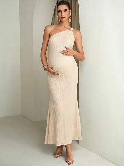 Pregnant Women Solid Color Metal Ring Decor Asymmetric Neckline Fitted Sleeveless Dress