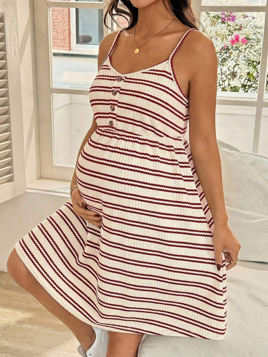 Maternity Striped Nursing Dress - Spaghetti Strap, Slim Fit, Flared Hem, Apricot
