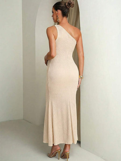 Fashionable & Versatile Textured Asymmetrical Shoulder Metal Buckle Maternity Dress