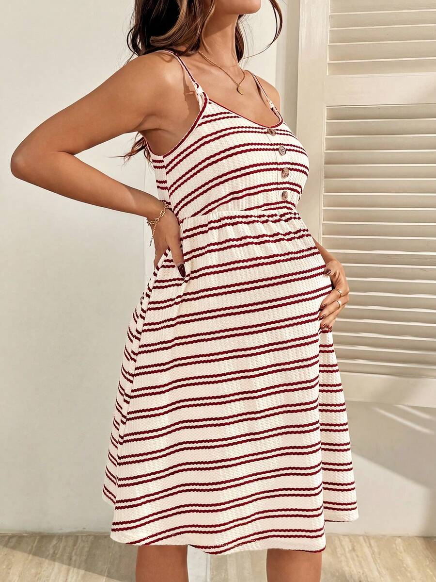 Maternity Striped Nursing Dress - Spaghetti Strap, Slim Fit, Flared Hem, Apricot