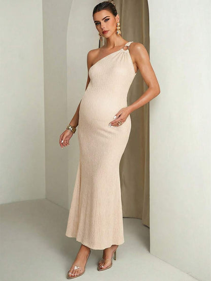 Pregnant Women Solid Color Metal Ring Decor Asymmetric Neckline Fitted Sleeveless Dress