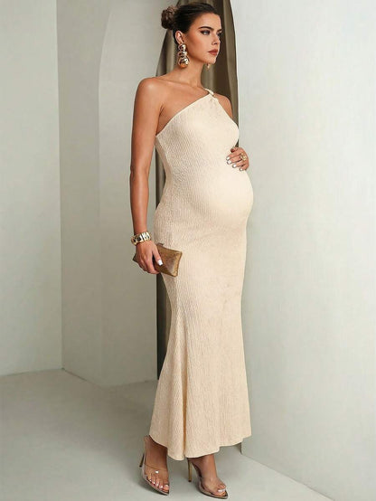 Pregnant Women Solid Color Metal Ring Decor Asymmetric Neckline Fitted Sleeveless Dress