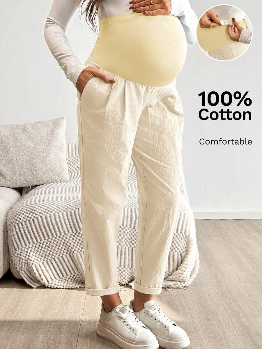 Maternity Tapered Pants - Adjustable Ultra High Waist, Apricot, Daily Commute