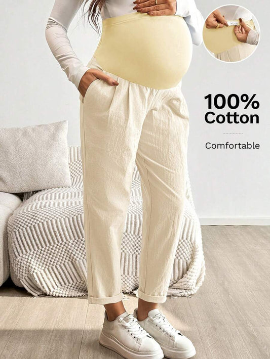 Maternity Tapered Pants - Adjustable Ultra High Waist, Apricot, Daily Commute