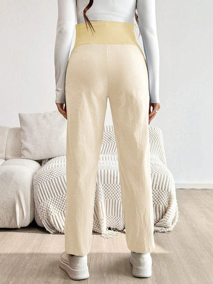 Maternity Tapered Pants - Adjustable Ultra High Waist, Apricot, Daily Commute