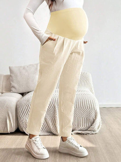 Maternity Tapered Pants - Adjustable Ultra High Waist, Cotton, Green