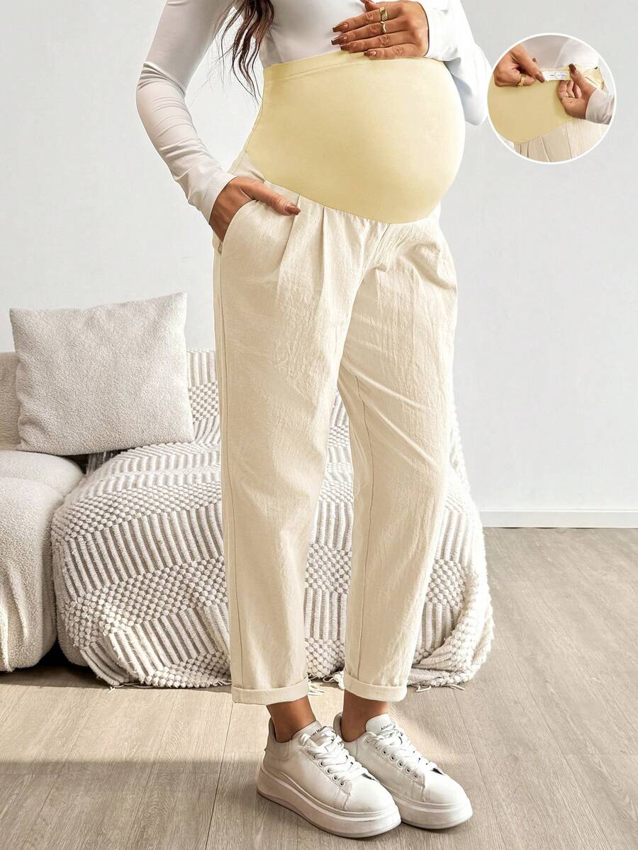 Maternity Tapered Pants - Adjustable Ultra High Waist, Cotton, Green