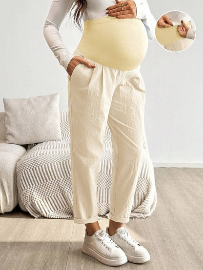 Maternity Tapered Pants - Adjustable Ultra High Waist, Apricot, Daily Commute