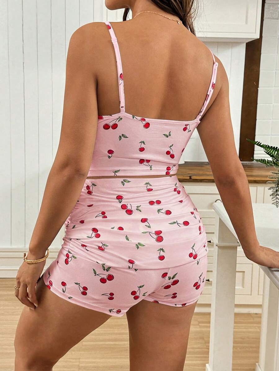2pcs Maternity Cherry Print Camisole Top And Adjustable Waist Shorts Set World Cup