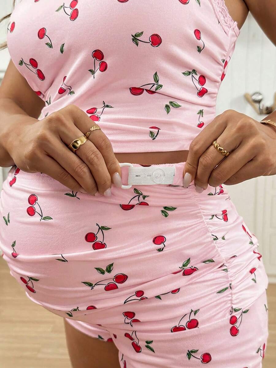 2pcs Maternity Cherry Print Camisole Top And Adjustable Waist Shorts Set World Cup