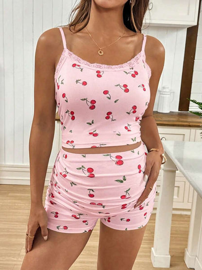 2pcs Maternity Cherry Print Camisole Top And Adjustable Waist Shorts Set World Cup
