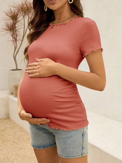 Maternity T-Shirt - Summer White Ribbed Lettuce-Edge Form-Fitting Short Sleeve, Soft Stretch