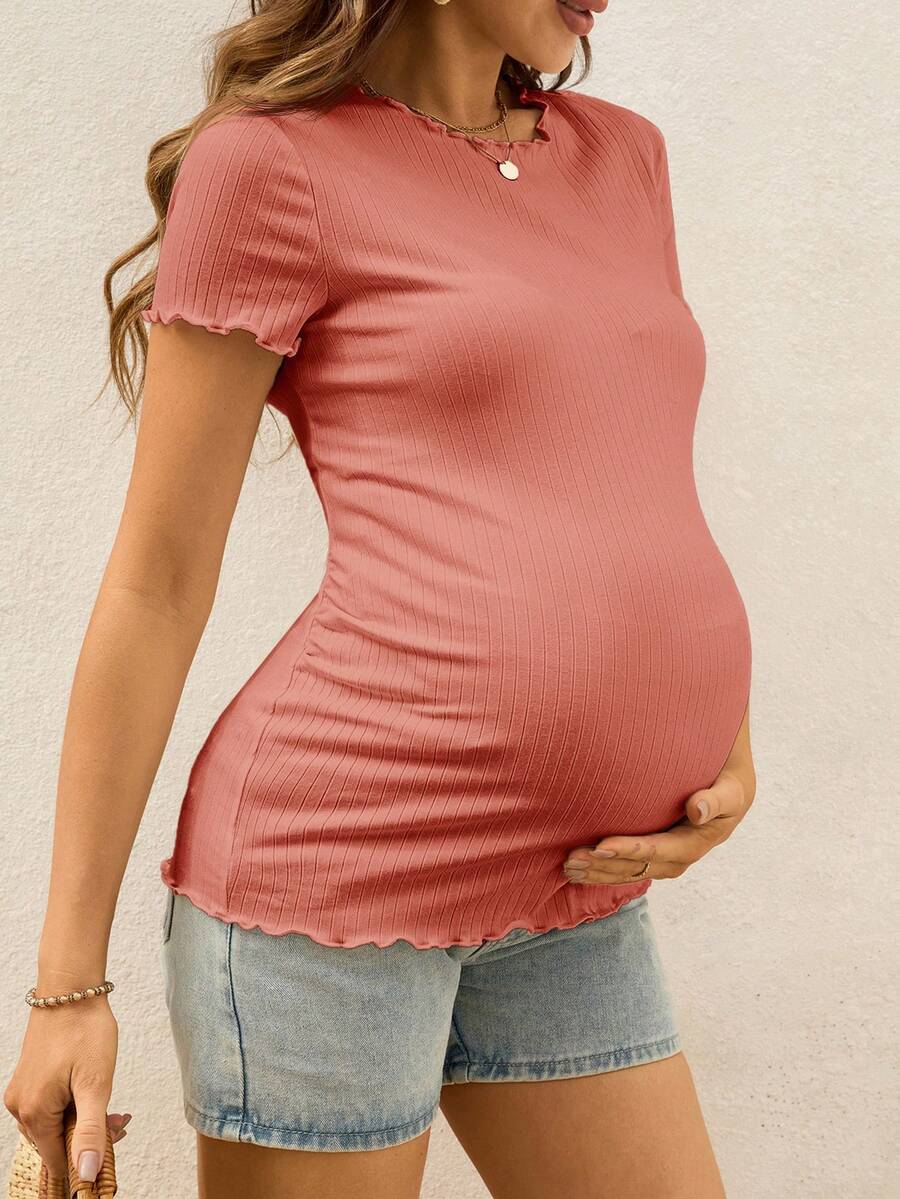 Maternity Ribbed Lettuce-Edge Form-Fitting Short Sleeve Top