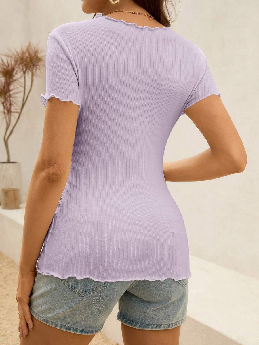 Maternity T-Shirt - Summer White Ribbed Lettuce-Edge Form-Fitting Short Sleeve, Soft Stretch