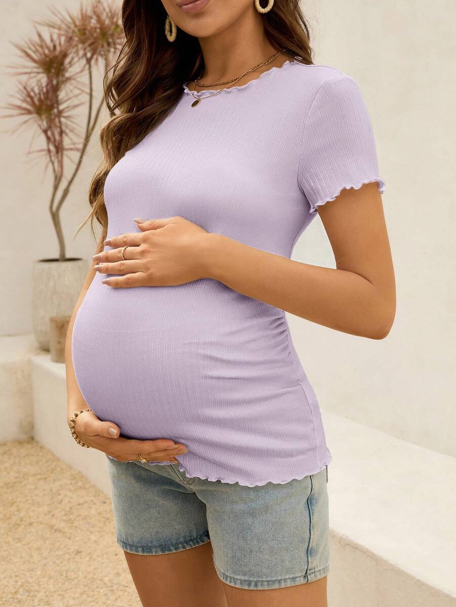 Maternity White Ribbed Summer Top - Lettuce-Edge Form-Fitting Short Sleeve