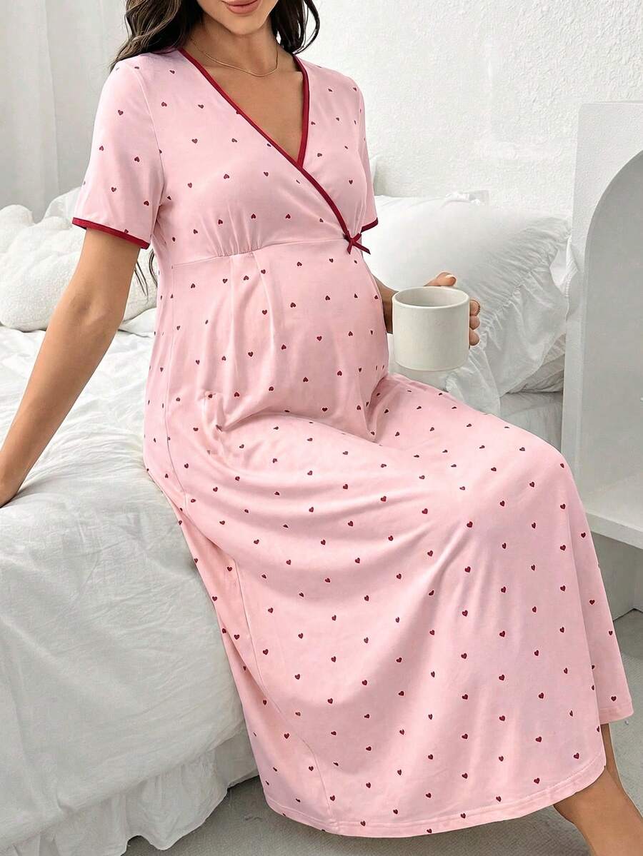 Maternity Heart Print V Neck Nightgown Women Short Sleeve Casual Home Wear Comfortable Sleep Dress