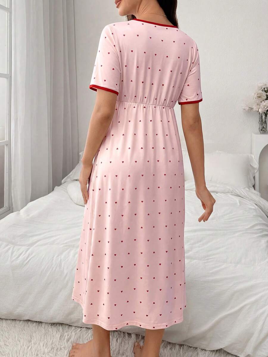 Maternity Heart Print V Neck Nightgown Women Short Sleeve Casual Home Wear Comfortable Sleep Dress