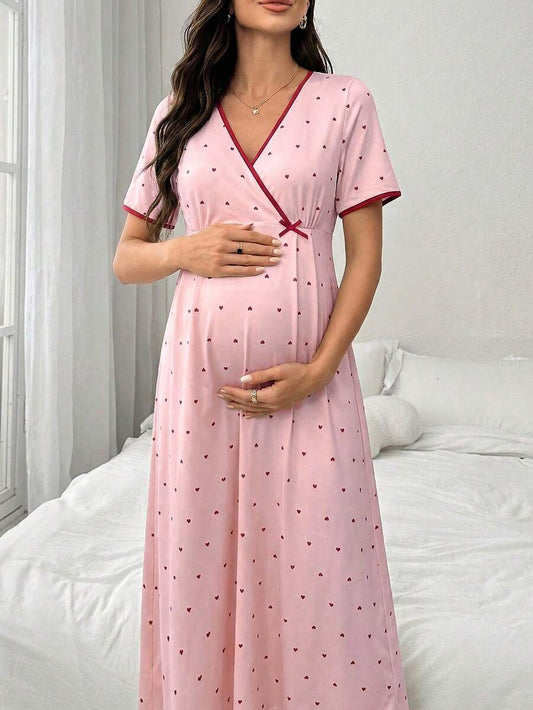 Maternity Heart Print V Neck Nightgown Women Short Sleeve Casual Home Wear Comfortable Sleep Dress