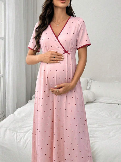 Maternity Heart Print V Neck Nightgown Women Short Sleeve Casual Home Wear Comfortable Sleep Dress