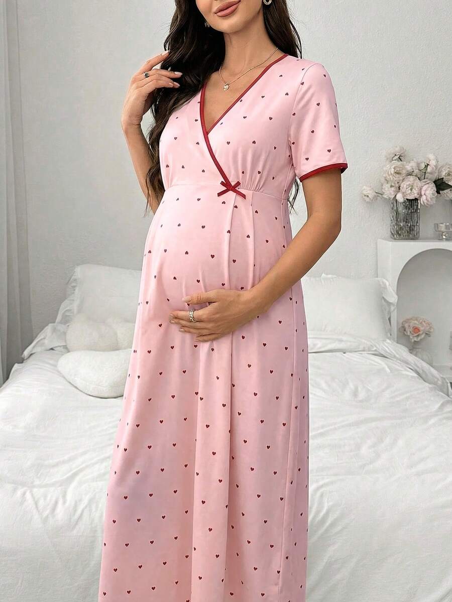 Maternity Heart Print V Neck Nightgown Women Short Sleeve Casual Home Wear Comfortable Sleep Dress