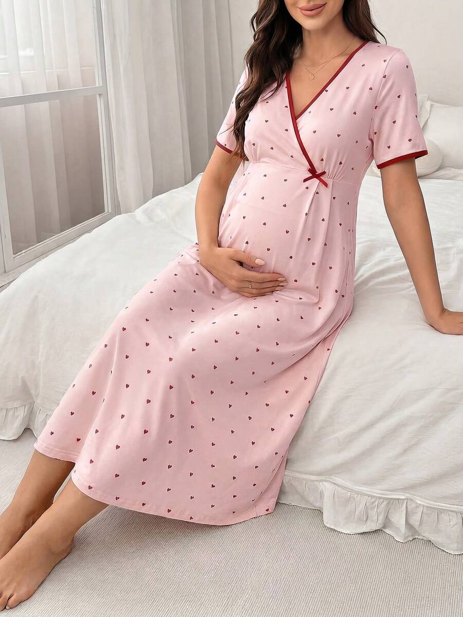 Maternity Heart Print V Neck Nightgown Women Short Sleeve Casual Home Wear Comfortable Sleep Dress