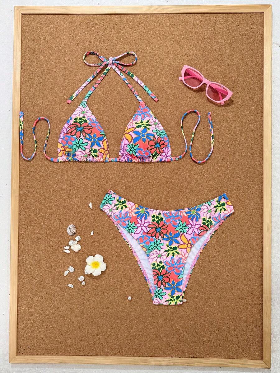 Swim Vcay 2026 Spring/Summer Women's Spaghetti Strap Halter Neck Black Base White Polka Dot Random Print Sweet Cute Side High Cut Bikini Swimwear 2-Piece Set Vacation Bikini Set Pink Bikini Set High Leg Bikini Set Modest Bikini Set Bikini Set