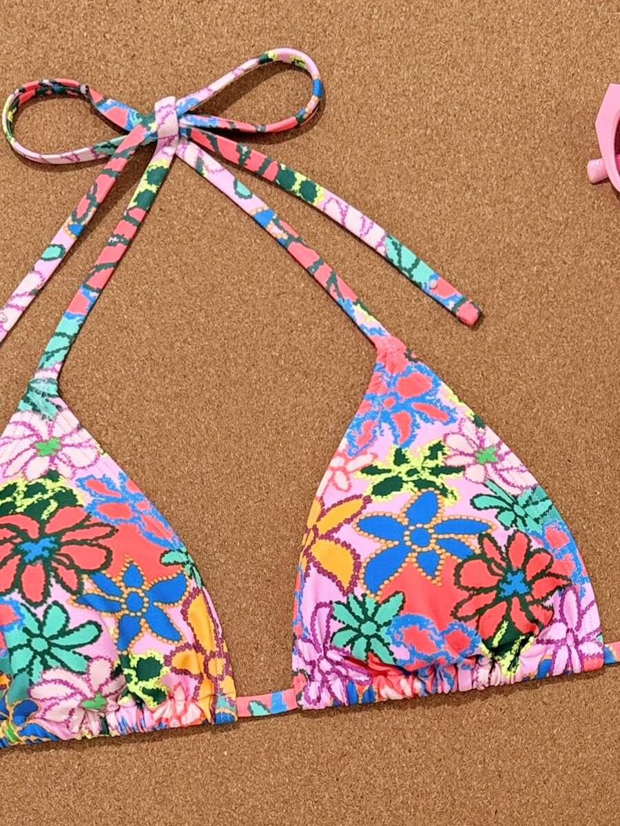 Swim Vcay 2026 Spring/Summer Women's Spaghetti Strap Halter Neck Black Base White Polka Dot Random Print Sweet Cute Side High Cut Bikini Swimwear 2-Piece Set Vacation Bikini Set Pink Bikini Set High Leg Bikini Set Modest Bikini Set Bikini Set