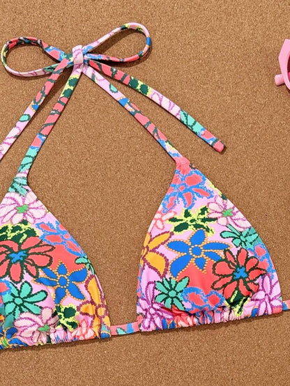 Swim Vcay 2026 Spring/Summer Women's Spaghetti Strap Halter Neck Black Base White Polka Dot Random Print Sweet Cute Side High Cut Bikini Swimwear 2-Piece Set Vacation Bikini Set Pink Bikini Set High Leg Bikini Set Modest Bikini Set Bikini Set