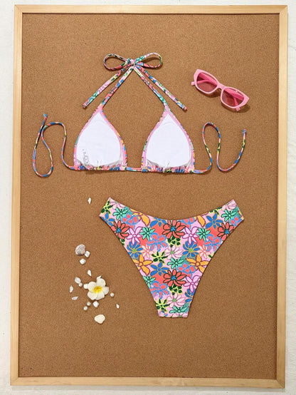 Swim Vcay 2026 Spring/Summer Women's Spaghetti Strap Halter Neck Black Base White Polka Dot Random Print Sweet Cute Side High Cut Bikini Swimwear 2-Piece Set Vacation Bikini Set Pink Bikini Set High Leg Bikini Set Modest Bikini Set Bikini Set