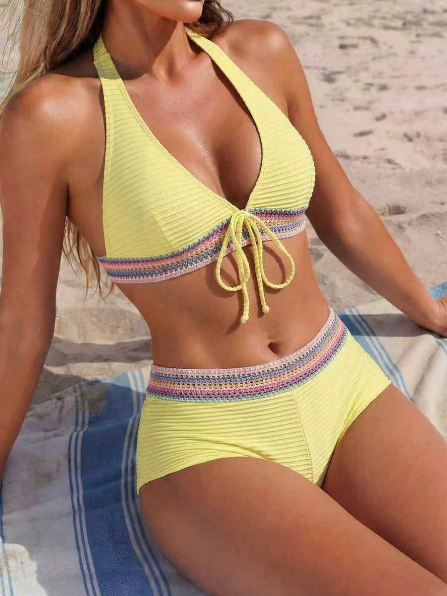 Women's 2-Piece Lace-Up Bikini Set - Twist Halter, Tie Back, High Waist Shorts, Mint Green