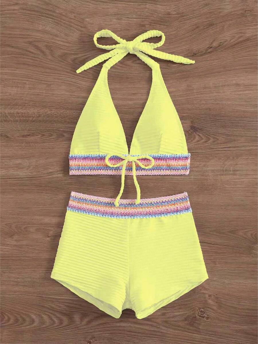 Women's 2-Piece Lace-Up Bikini Set - Twist Halter, Tie Back, High Waist Shorts, Mint Green