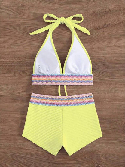 Women's 2-Piece Lace-Up Bikini Set - Twist Halter, Tie Back, High Waist Shorts, Mint Green