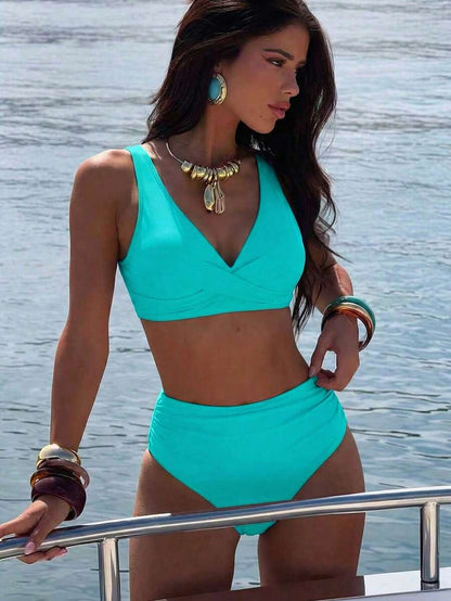 Women's 2-Piece Striped Bikini Set - Cross Wrap Bust, High Waist, Deep V Neck, Blue