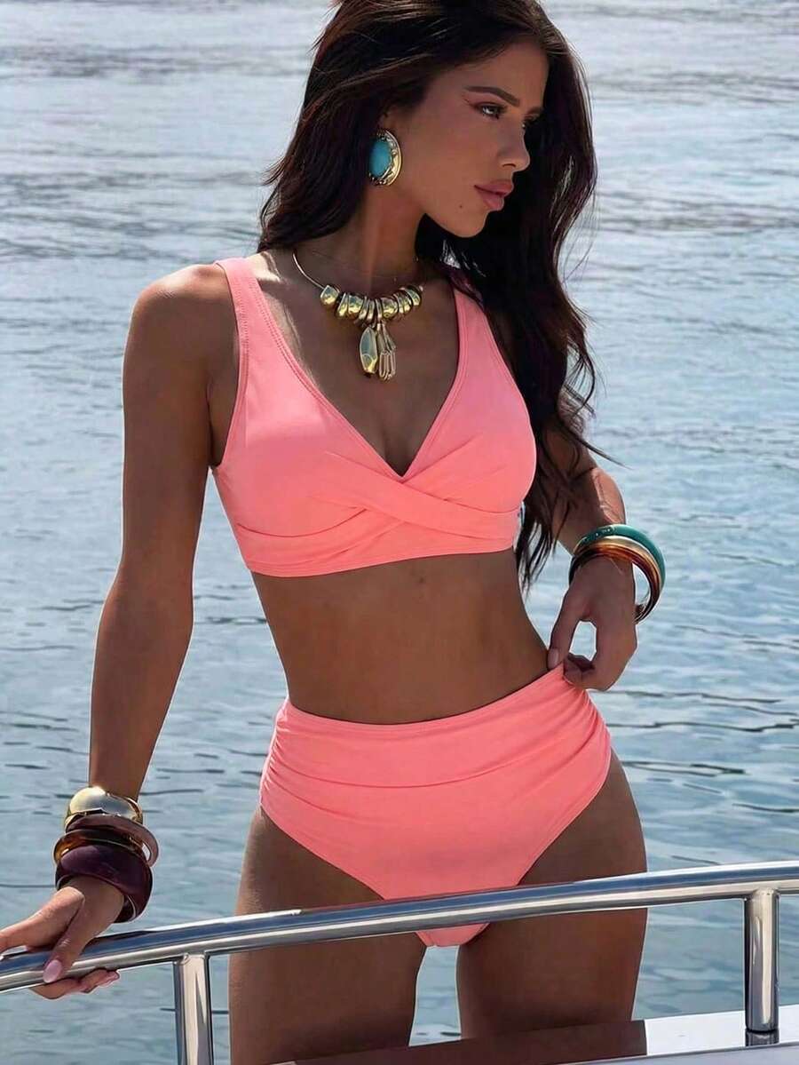 Women's 2-Piece Striped Bikini Set - Cross Wrap Bust, High Waist, Deep V Neck, Blue