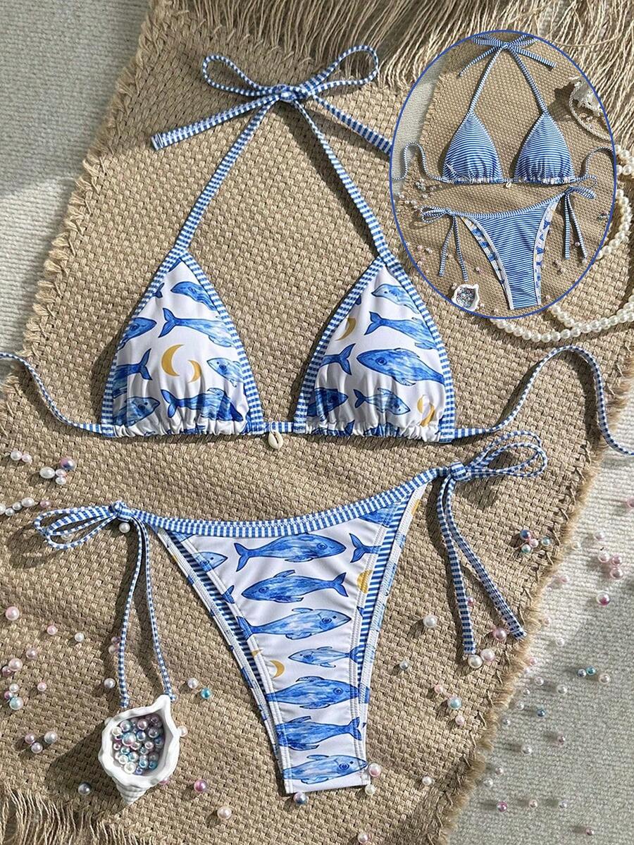 Women's 2-Piece Boho Halter Bikini Set - Tie Side, Floral Print, Blue and White