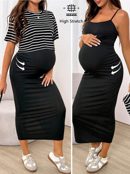 2-Piece Striped Maternity Set - Black Round Neck Crop Tee and Sleeveless Midi Cami Dress - Casual Loose Fit Knitted Maternity Outfit