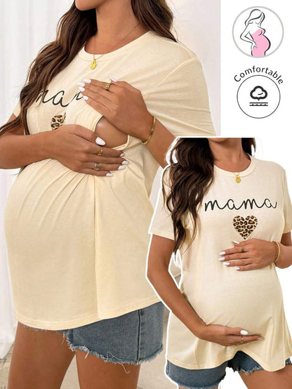 Maternity Tee - Casual Leopard Print Heart & Letter Graphic Short Sleeve Sleepwear, Summer