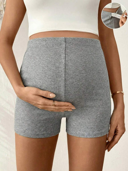Maternity Striped Biker Shorts - Adjustable Waist Mid-Thigh Summer Casual